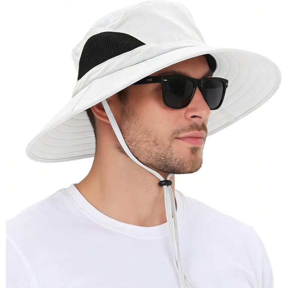 Accessories - Unisex White 100% Polyester Wide Brim Mesh Vents With Chin Strap Fishing Sun Hat